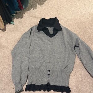 Commense Gray V-Neck Sweater with Black Lace Trim